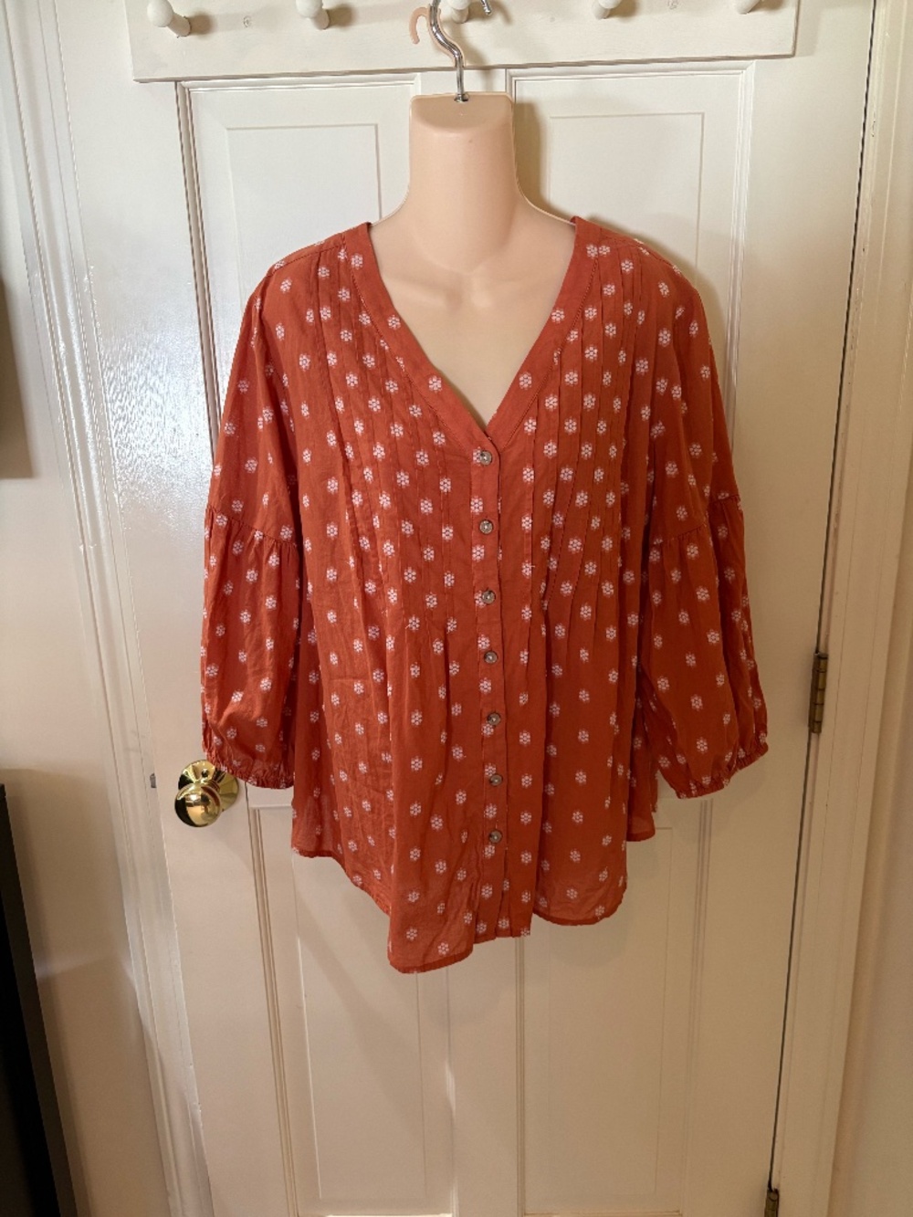 J.Jill Peasant Blouse Orange/Brown Button up Petite XL